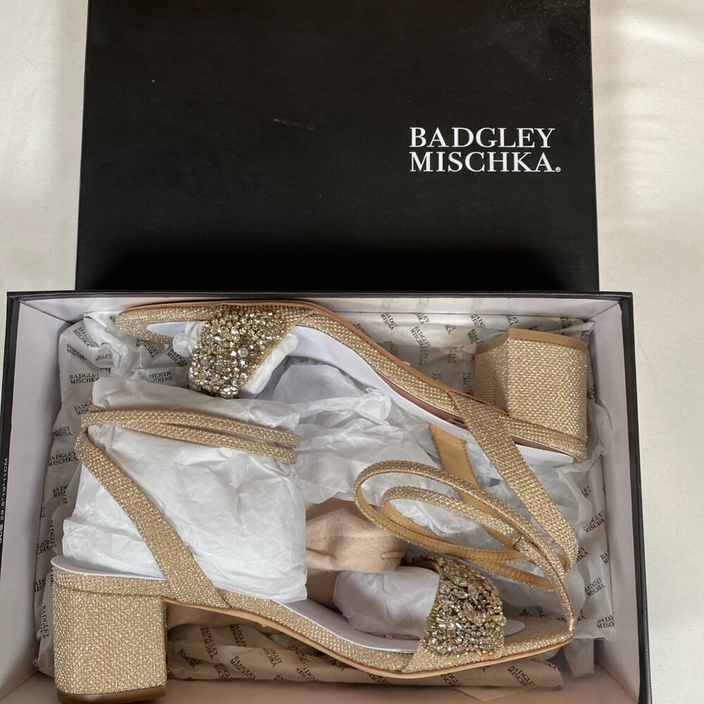 Badgley Mischka Jada Ankle Wrap Block Heel MP5316 Women's Heels 9.5 Gold